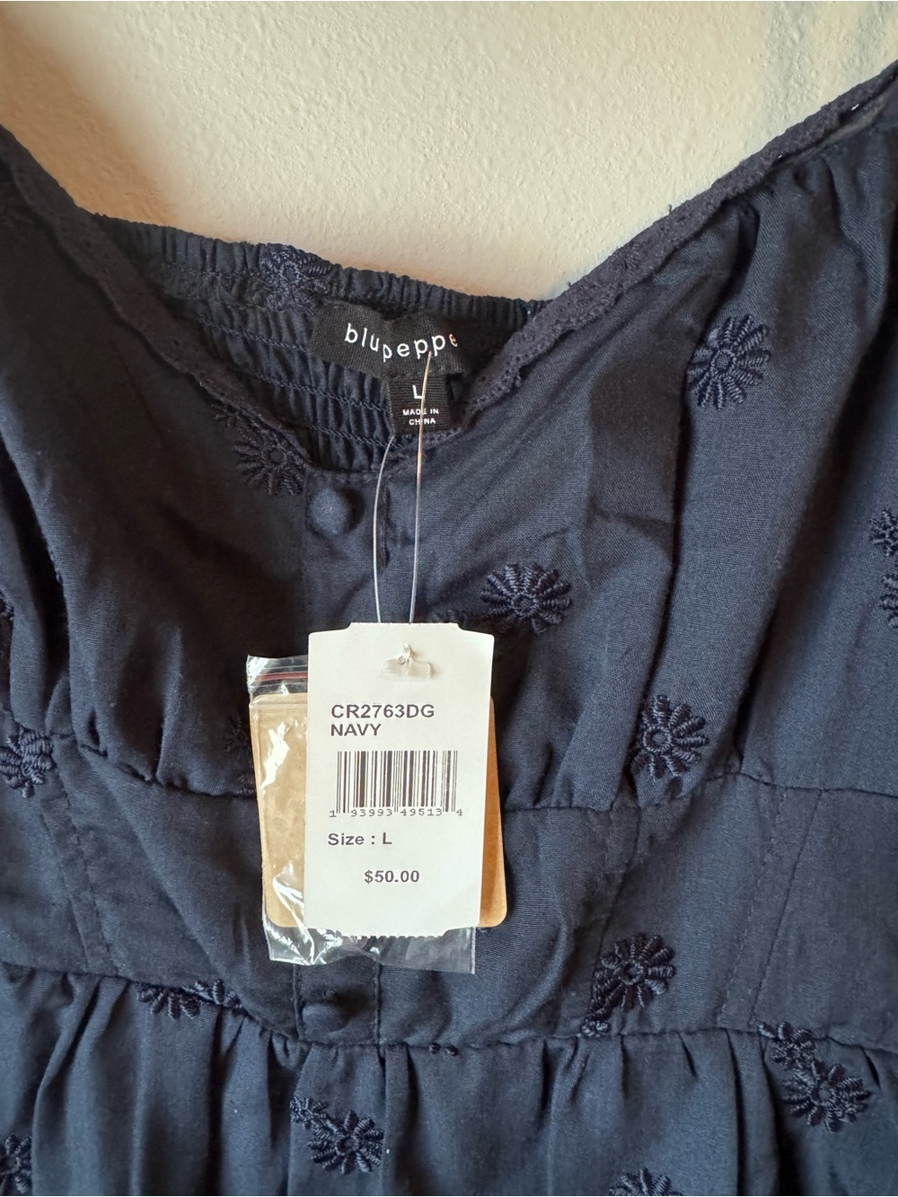 Women’s Navy Embroidered Tie-Strap Mini Dress - Picture 3 of 6
